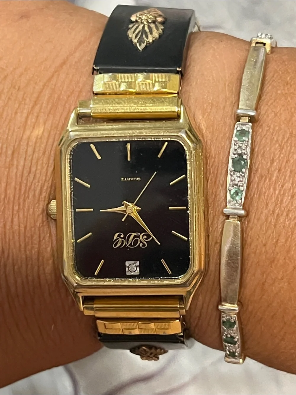 Gold-Tone Women's Watch with Black Dial and Black Bracelet Accent
